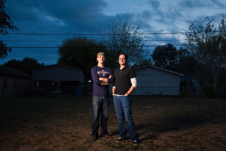 Nathan Palmer, left, and Brett Jones at their home in Victoria, Texas.