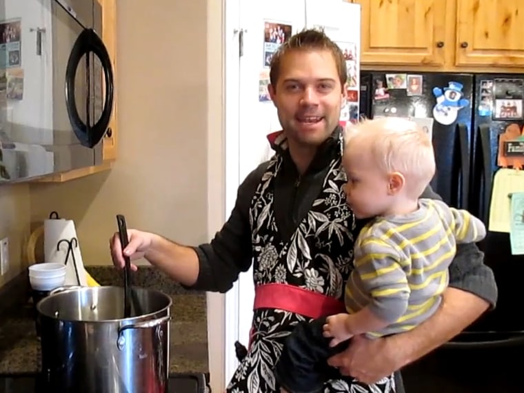 "I'm a Daddy and I Know It." He can rock an apron... AND the mic. 