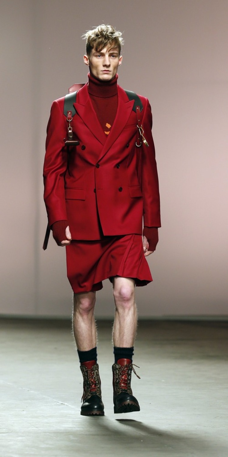 Seeing red: A model presents a creation from the Topman Design Autumn/Winter 2013 collection in London on Jan. 7.