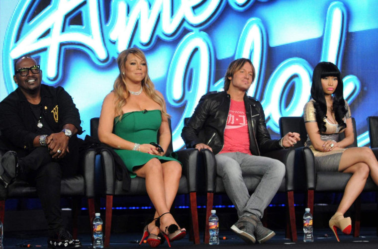 \"American Idol's\" judges, from left to right, Randy Jackson, Mariah Carey, Keith Urban and Nicki Minaj at Fox's TCA panel on Tuesday.