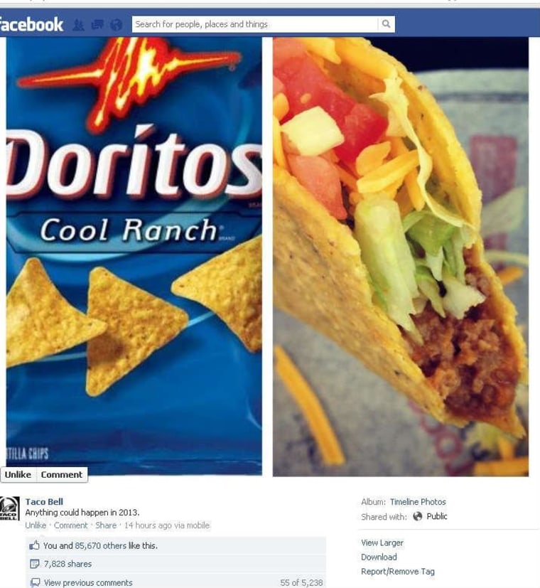Fans instantly got that Taco Bell was teasing the Cool Ranch flavor of the Doritos Locos Tacos. Typical responses to the Facebook post read, \"There is a god,\" and, \"Please let it happen I have been waiting for this moment for years.\" Taco Bell confirmed that Cool Ranch Doritos Locos Tacos will be released in 2013.