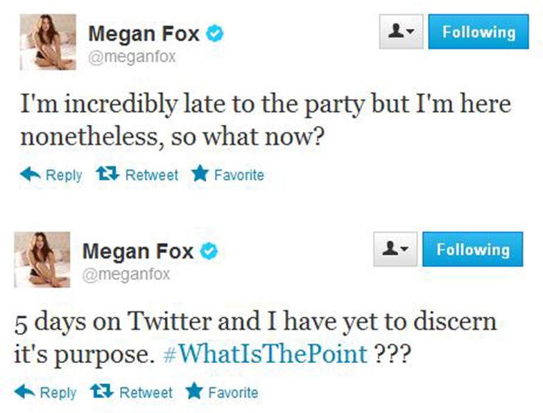 The first (Jan. 3) and apparently \"last\" (Jan. 9) words from Megan Fox on Twitter.