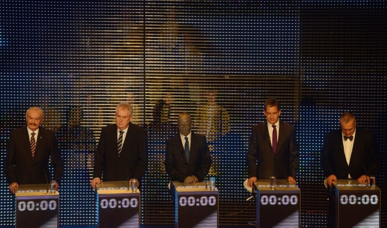 Presidential candidates (L-R) Premysl Sobotka, Milos Zeman, Vladimir Franz, Jiri Dientsbier and Karel Schwarzenberg attend a TV debate on Jan. 10, 2013 in Prague.