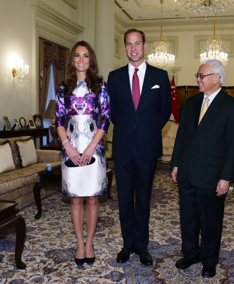 Fit for a royal: Duchess Kate, wearing Prabal Gurung, poses with Prince William and Singapore's President Tony Tan in Singapore on Sept. 11.