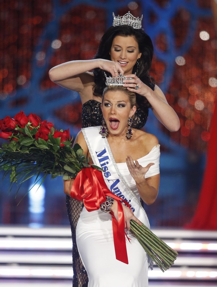 Miss New York Mallory Hagan is crowned Miss America 2013 by Miss America 2012 Laura Kaeppeler on Jan. 12 in Las Vegas.