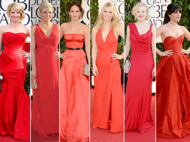 Melissa Rauch, Megan Hilty, Jennifer Lawrence, Claire Danes, Alison Pill, and Zooey Deschanel at the 70th Annual Golden Globe Awards held at the Beverly Hilton Hotel on January 13.