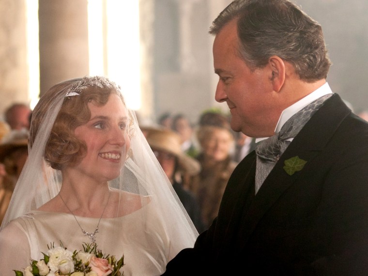 Hugh Bonneville (Lord Grantham) prepares to give away daughter Edith (Laura Carmichael) at her short-lived wedding.