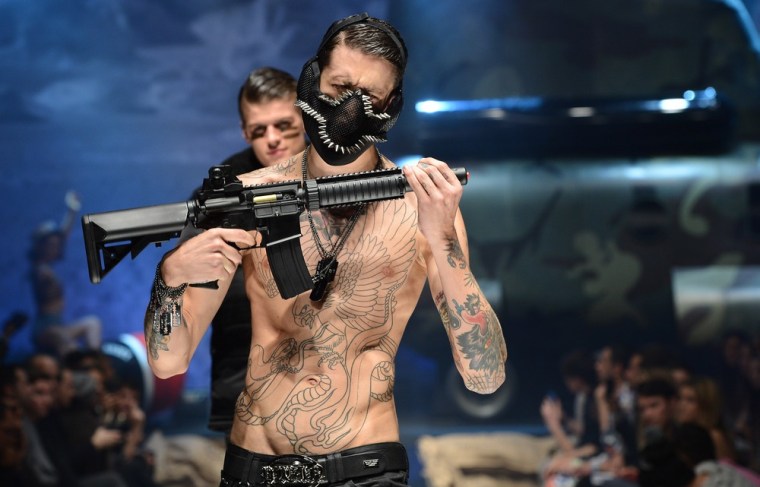 Too controversial for the runway? A model walks during the Philipp Plein show during Milan Fashion Week Menswear Autumn/Winter 2013 on Jan. 14 in Milan, Italy.