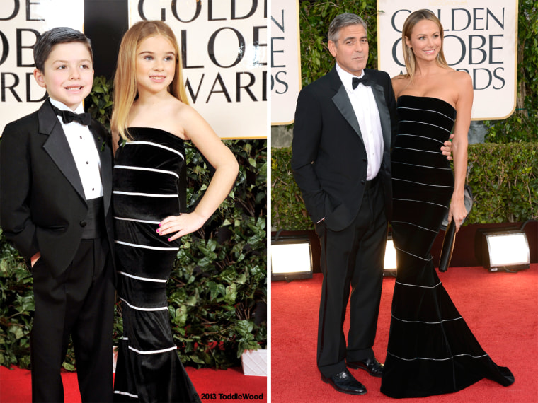 The mini versions of George Clooney and Stacy Keibler got creative to hide their height differences.