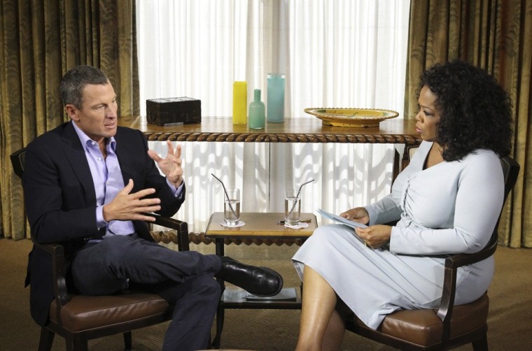 Cyclist Lance Armstrong is interviewed by Oprah Winfrey in Austin, Texas, on Jan. 14.