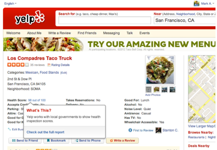 An example of the new health scores feature on Yelp reviews, starting in San Francisco.