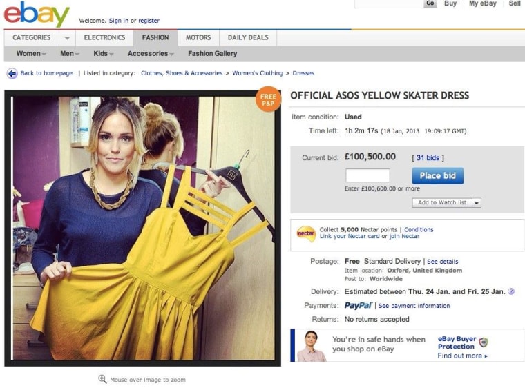After initially posting an auction listing with a somewhat naughty photo, this yellow dress' seller re-listed it ... and watched the bids pile up thanks to the media attention garnered by the original listing.