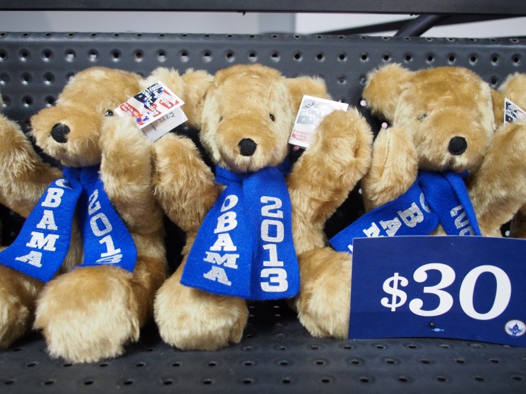 A line of teddy bears sit on a shelf at the opening of the Official Inaugural Store in Washington on January 11.
