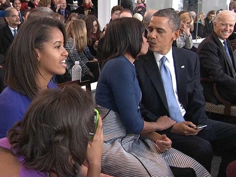 Relaxed and happy, the Obamas showed plenty of public displays of inaugural affection on Monday.