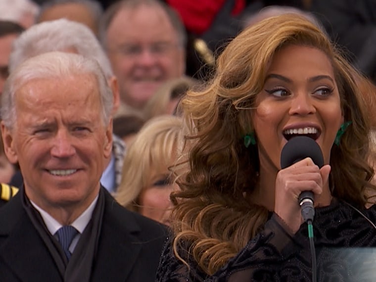 Biden has a bemused look on his face as Beyonce sings the national anthem during the inauguration ceremony.