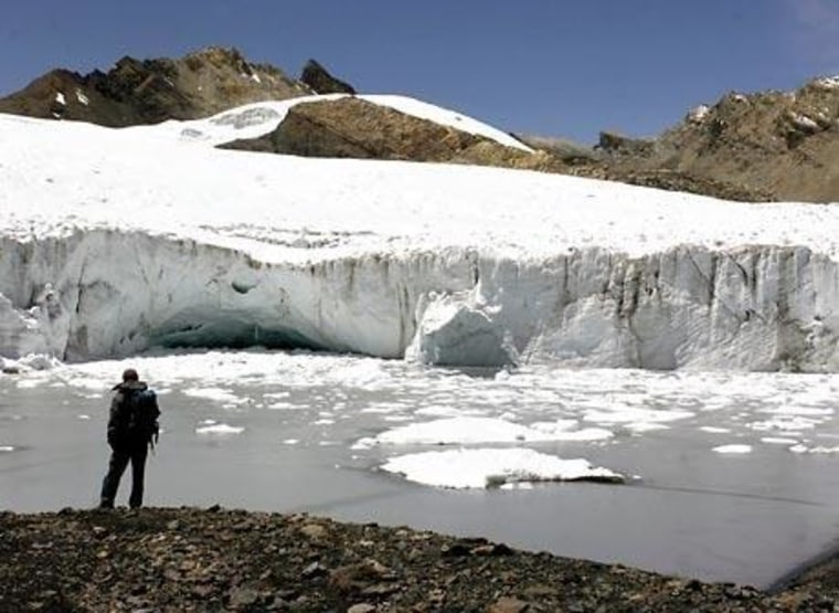 Part of the Pastoruri glacier is seen atop Peru's Cordillera Blanca, or