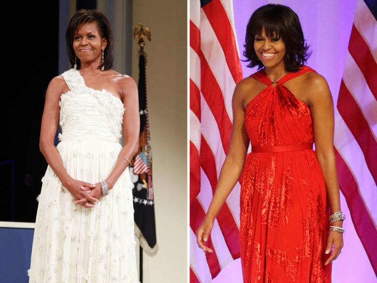 First Lady Michelle Obama in 2009 (left) and Monday night (right). Both gowns are by Jason Wu.