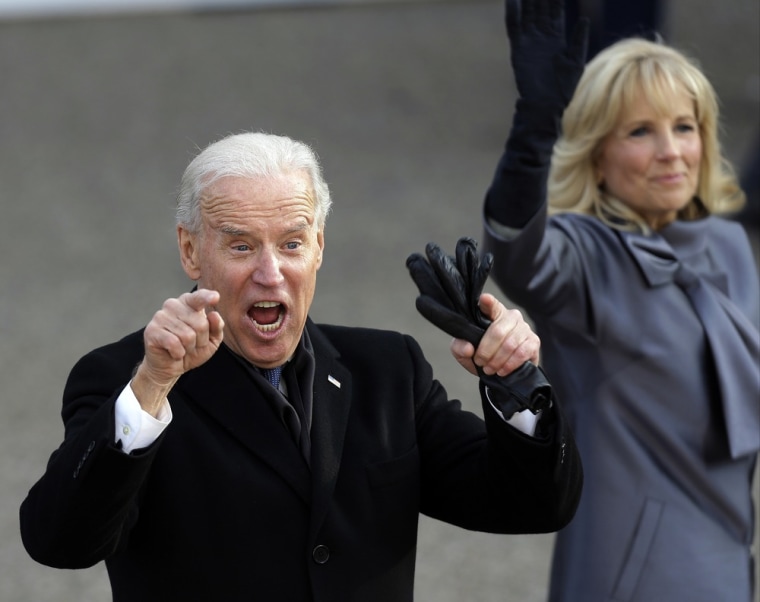 FILE - In this Jan. 21, 2013, photo, Vice President Joe Biden reacts with his wife, Jill, as they walk down Pennsylvania Avenue en route to the White ...