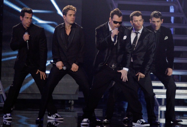 From left, New Kids on the Block members Danny Wood, Joey McIntyre, Donnie Wahlberg Jordan Knight and Jonathan Knight perform at the 2008 American Music Awards.