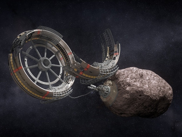An artist's conception shows a settlement taking shape as part of an asteroid mining operation.