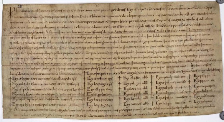 A medieval charter, by King Aethelred, written in the year 1001. Many such charters are undated, but a new computer program helps determine their year of origin.
