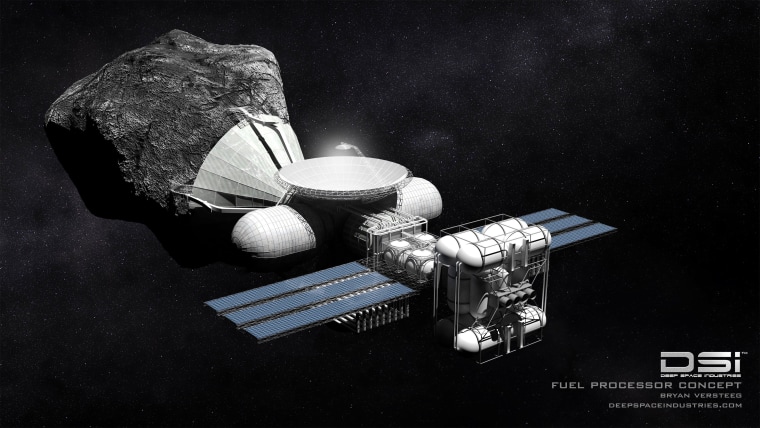 Concept art shows a version of Deep Space Industries' Harvestor extracting materials from an asteroid.
