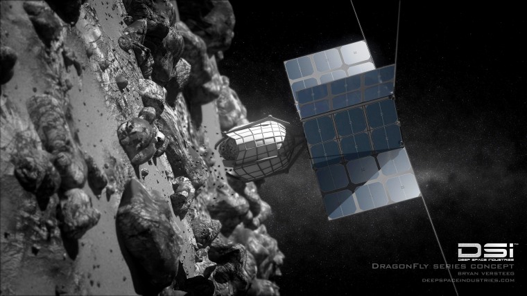 An artist's conception shows a version of Deep Space Industries' DragonFly spacecraft grabbing a rock sample from an asteroid for return to Earth.