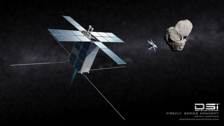 Artwork shows two FireFly spacecraft studying a near-Earth asteroid. Deep Space Industries cautioned that the artwork does not necessarily reflect the actual spacecraft design.