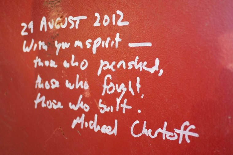 A message left by Michael Chertoff, the former director of Homeland Security, on a steel column on the 104th floor of One World Trade Center, seen on Jan. 15, 2013.