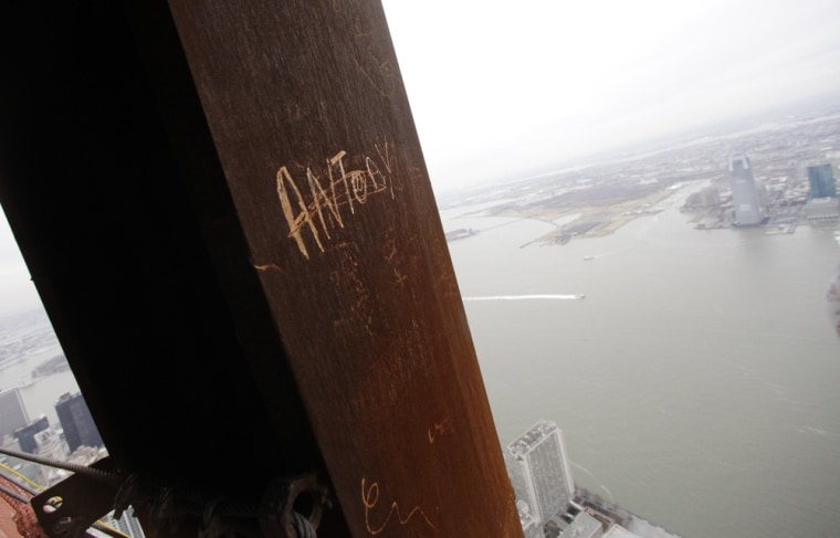 The name Antony is seen on a steel column on the 102nd floor of One World Trade Center on Jan. 15, 2013. Workers finishing New York's tallest building are leaving their personal marks on the concrete and steel in the form of graffiti.
