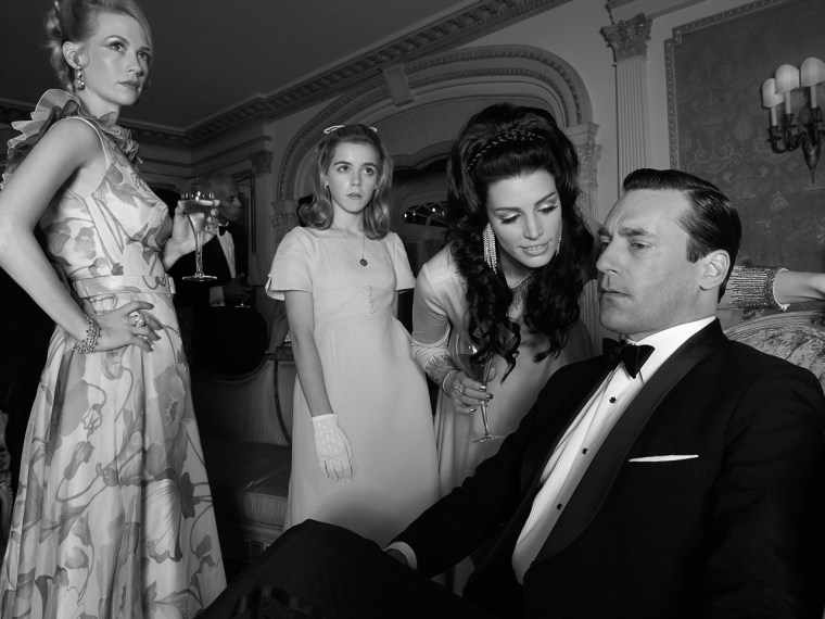 \"Mad Men's\" Betty Francis (January Jones), Sally Draper (Kiernan Shipka), Megan Draper (Jessica Pare) and Don Draper (Jon Hamm).