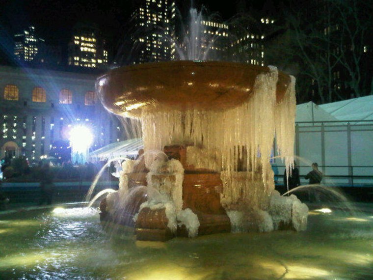 Twitter user @rockthelook sent us this picture of the frozen fountain in New York's Bryant Park.