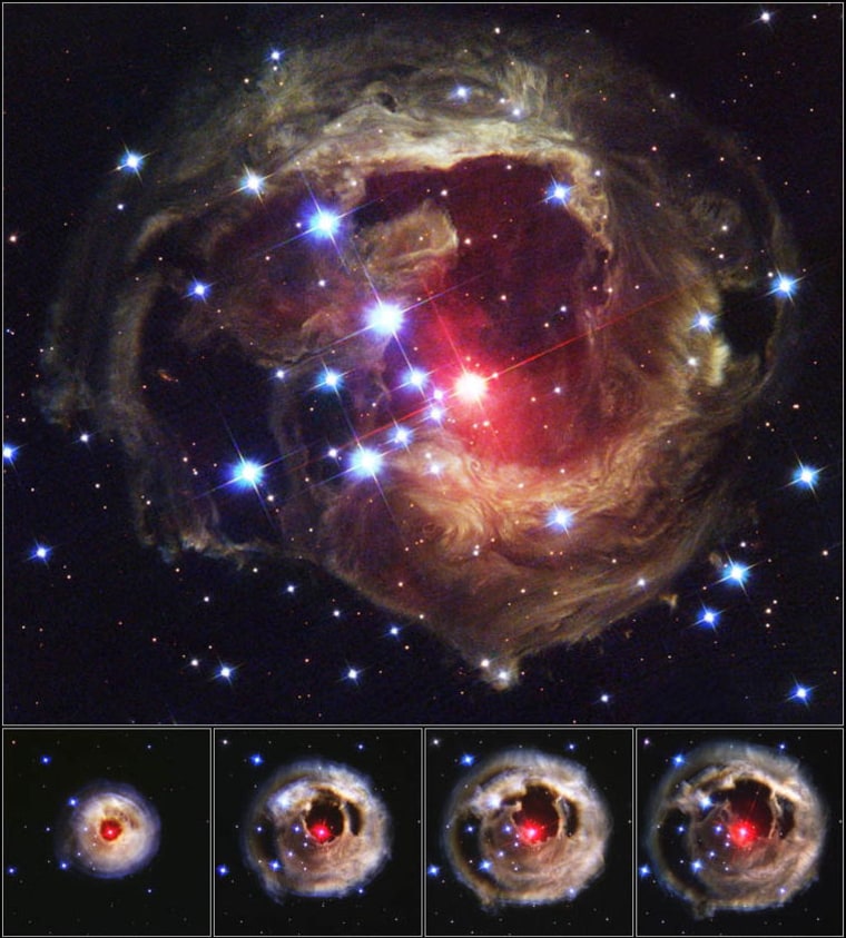 This image shows the spectacular stellar outburst of V838 Monocerotis in 2002. Scientists now suspect the outburst was caused by a so-called