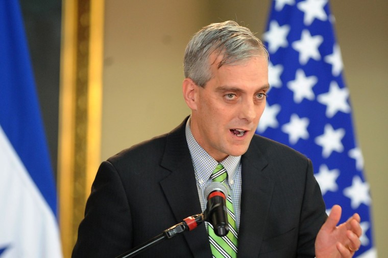 Denis McDonough, speaks to the press after meeting Honduran President Porfirio Lobo at the Government Palace in Tegucigalpa in this November 28, 2012 photo.