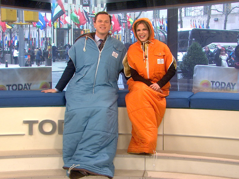 Willie and Natalie look rather fetching in the Snuggie-esque wearable sleeping bag.