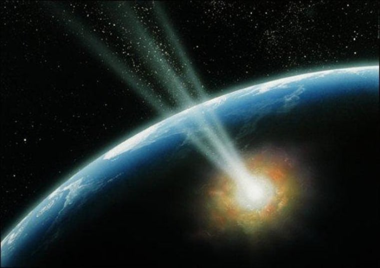 An artist's conception shows a cosmic impact on Earth. Comet impacts are harder to predict and more energetic, but asteroid impacts are much more common.