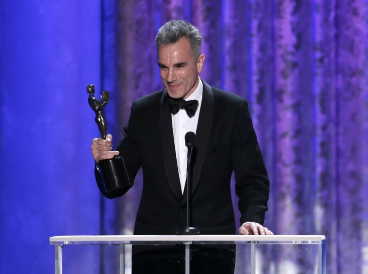 Daniel Day-Lewis accepts the award for outstanding male actor in a leading role for \"Lincoln.\"