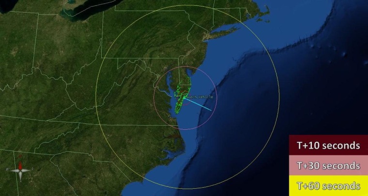 This NASA map shows the visibility range for the planned launch of a sounding rocket designed to release glowing red vapor trails in the night sky as part of an atmospheric test.