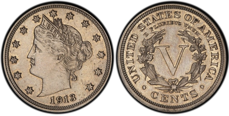 This image provided by Heritage Auctions shows an authentic 1913 Liberty Head nickel that was hidden in a Virginia closet for 41 years after its owners were mistakenly told it was a fake.