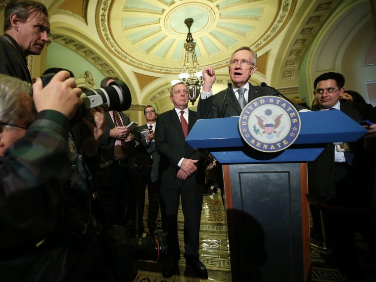 Senate Majority Leader Sen. Harry Reid speaks to members of the press after the weekly Senate Democratic Policy Luncheon at the U.S. Capitol January 29, 2013.