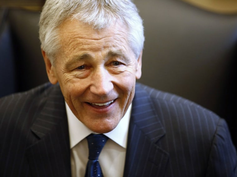 Chuck Hagel reacts during meeting on Capitol Hill in Washington in this Jan. 23, 2013 file photo.