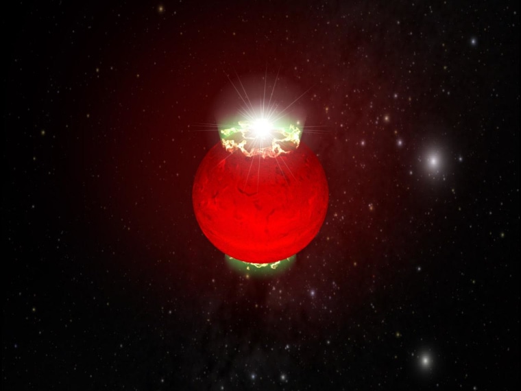 An artist's impression of auroras at the magnetic pole of a brown dwarf. Astronomers believe this phenomenon may account for the bright