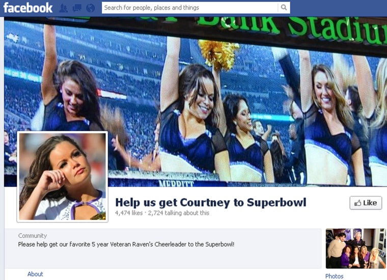 A Facebook page has been created to lobby for veteran Ravens cheerleader Courtney Lenz to be reinstated in time to cheer in the Super Bowl.