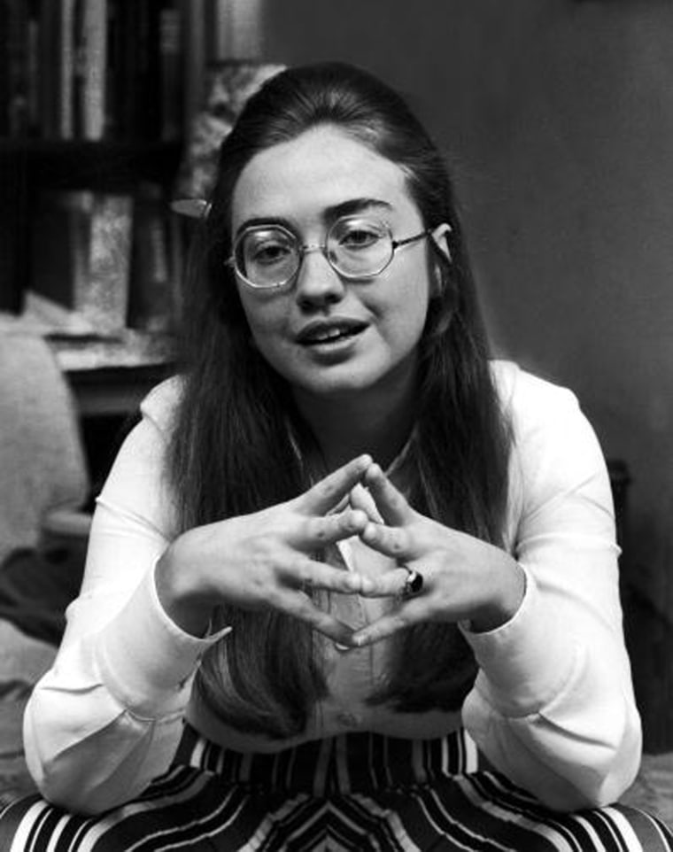 Then-class leader Hillary Rodham of Wellesley College talks about student protests while wearing a signature pair of glasses.