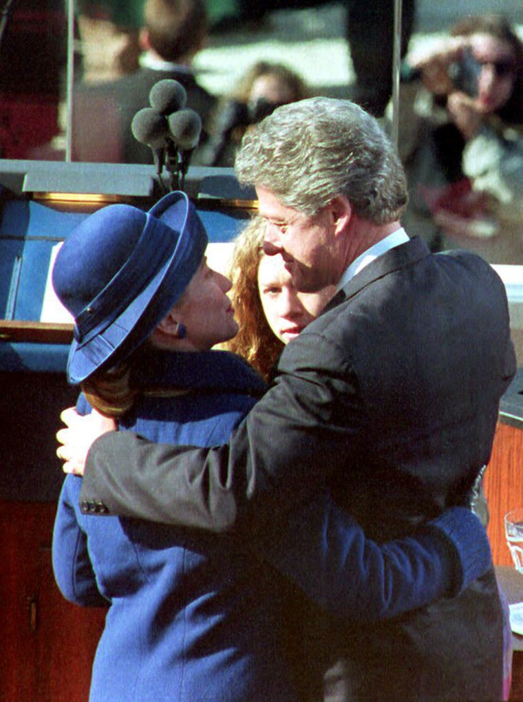 President Bill Clinton, then-First Lady Hillary (L) and Chelsea after his 1993 swearing-in.