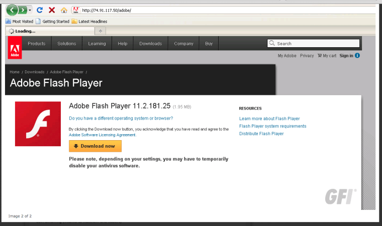 This is a sample screenshot of the malicious IP hosting a fake Adobe Flash Player update.