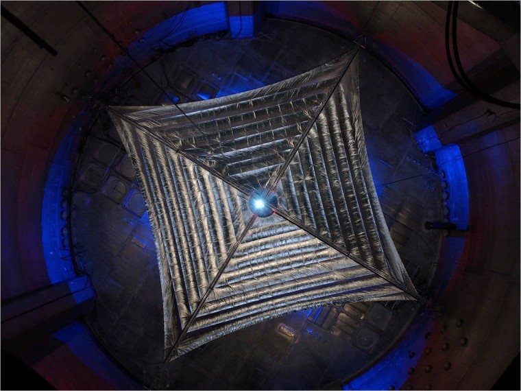 An early prototype of L'Garde solar sail is evaluated in a vacuum chamber at the NASA Glenn Research Center's Plum Brook Facility in Sandusky, Ohio. This test article is a quarter the size of the sail the company plans to fly in 2014.