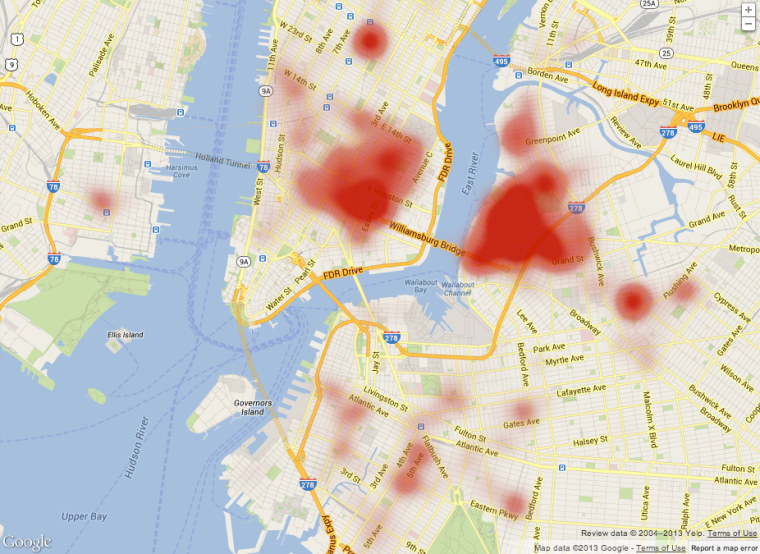 Yelp's Word Map service visualizes the Internet review and rating service's social data into a handy map that now tells you things like where the hipster population is densest in New York City.
