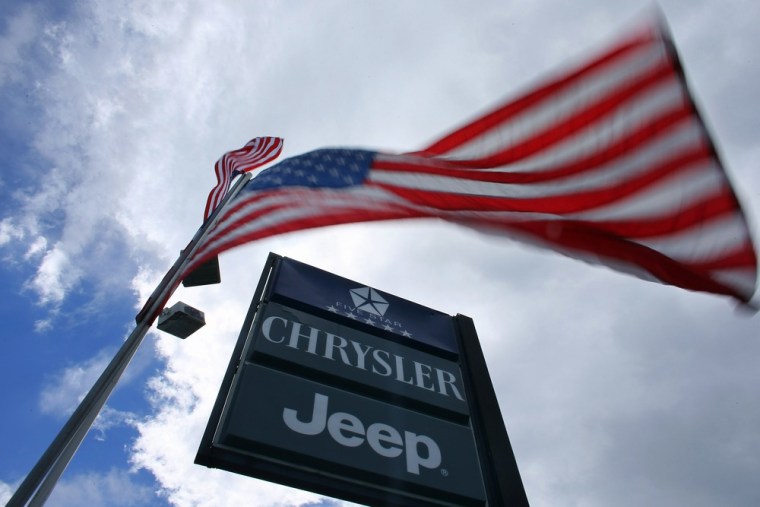A Chrysler Jeep sign is seen outside the Hollywood Chrysler Jeep car dealership on October 2, 2012 in Hollywood, Florida.