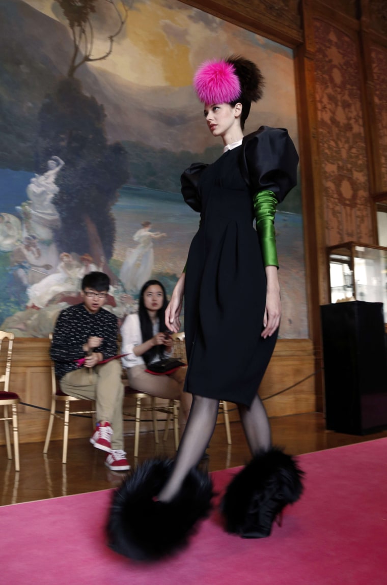 A model presents a creation by Christian Lacroix for Elsa Schiaparelli.